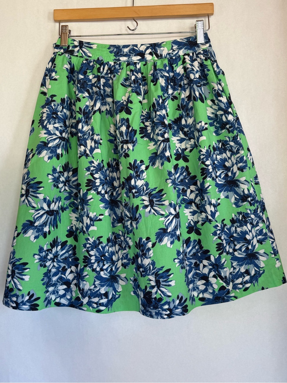 J. Crew Green Floral Circle Skirt with Blue and White Blooms
